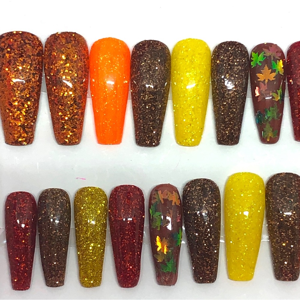 Handmade Custom Press on Nails Long Coffin UV Gel Glitter Metallic Fall Leaves - Picture 9 of 10